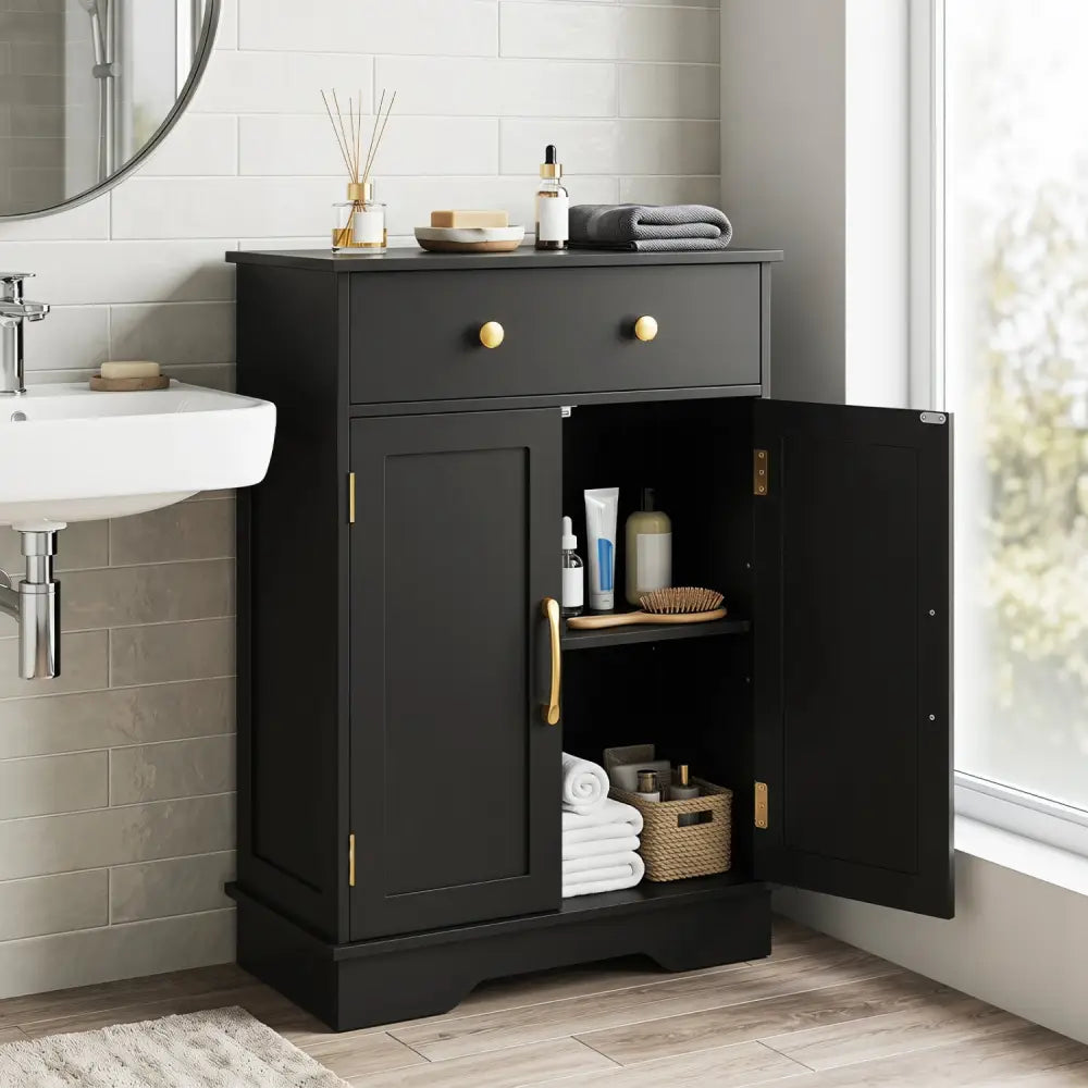 Floor Storage Cabinet with Doors Modern Buffet Sideboard with Drawer and Adjustable Shelf-Black - Black - Floor Cabinets