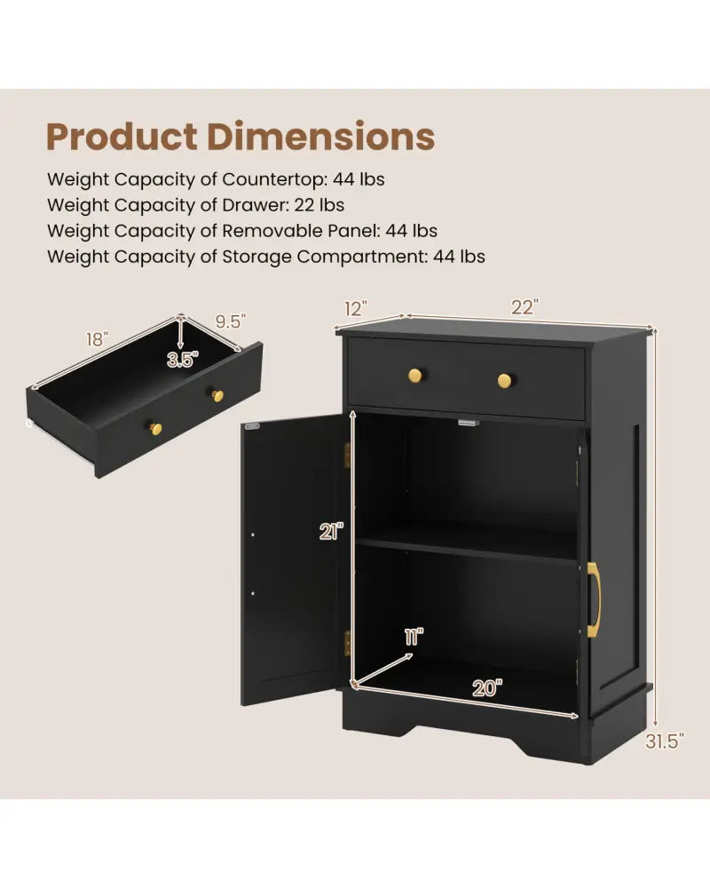 Floor Storage Cabinet with Doors Modern Buffet Sideboard with Drawer and Adjustable Shelf-Black - Black - Floor Cabinets