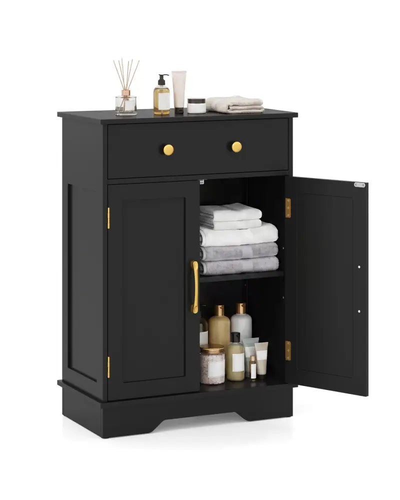 Floor Storage Cabinet with Doors Modern Buffet Sideboard with Drawer and Adjustable Shelf-Black - Black - Floor Cabinets