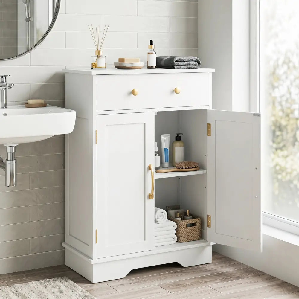 Floor Storage Cabinet with Doors Modern Buffet Sideboard with Drawer and Adjustable Shelf-White - White - Floor Cabinets