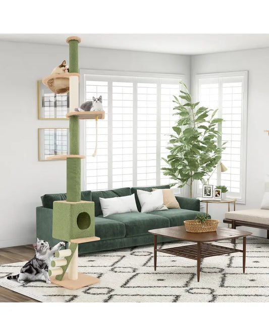 Floor to Ceiling Cat Tree with 86-99.5 Inch Adjustable Height and Extra Post-Green - Green - Cat Trees Condos &