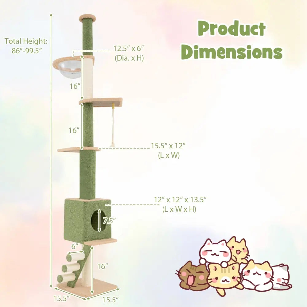 Floor to Ceiling Cat Tree with 86-99.5 Inch Adjustable Height and Extra Post-Green - Green - Cat Trees Condos &