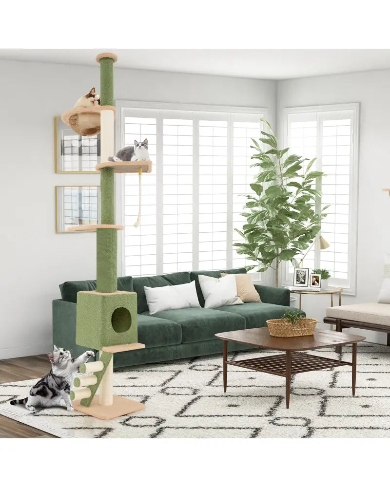 Floor to Ceiling Cat Tree with 86-99.5 Inch Adjustable Height and Extra Post-Green - Green - Cat Trees Condos &