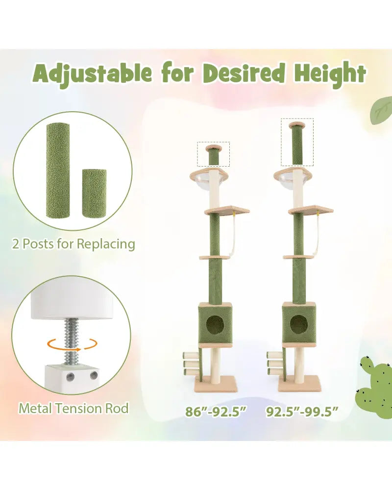 Floor to Ceiling Cat Tree with 86-99.5 Inch Adjustable Height and Extra Post-Green - Green - Cat Trees Condos &