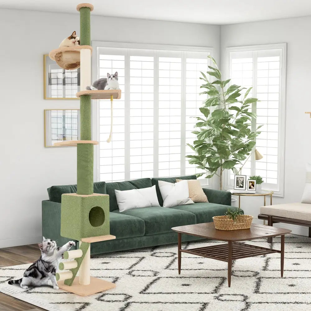 Floor to Ceiling Cat Tree with 86-99.5 Inch Adjustable Height and Extra Post-Green - Green - Cat Trees Condos &