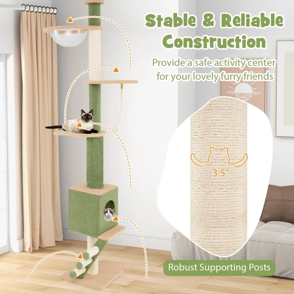 Floor to Ceiling Cat Tree with 86-99.5 Inch Adjustable Height and Extra Post-Green - Green - Cat Trees Condos &