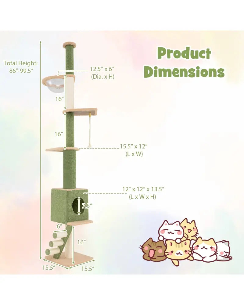 Floor to Ceiling Cat Tree with 86-99.5 Inch Adjustable Height and Extra Post-Green - Green - Cat Trees Condos &
