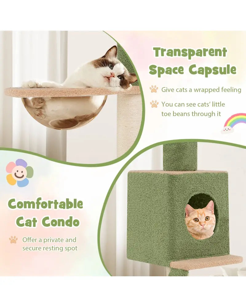 Floor to Ceiling Cat Tree with 86-99.5 Inch Adjustable Height and Extra Post-Green - Green - Cat Trees Condos &