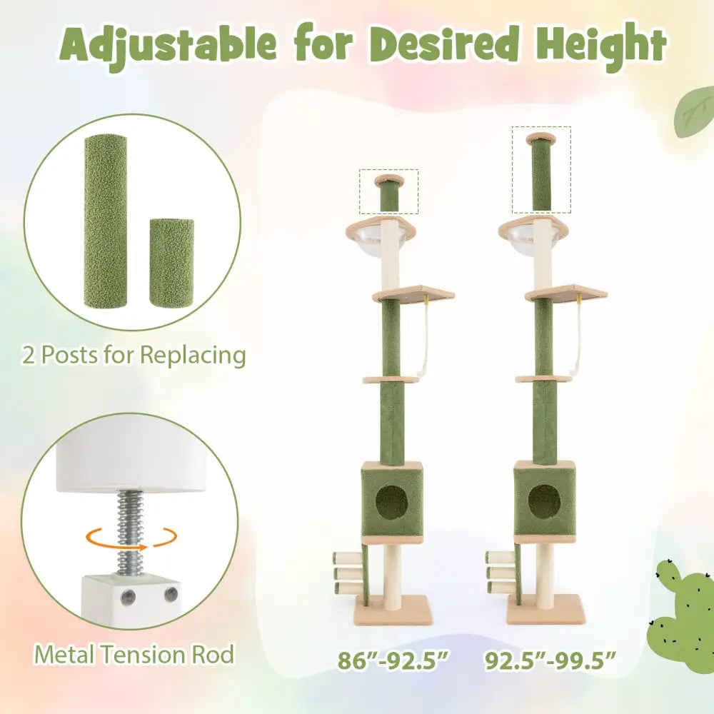 Floor to Ceiling Cat Tree with 86-99.5 Inch Adjustable Height and Extra Post-Green - Green - Cat Trees Condos &