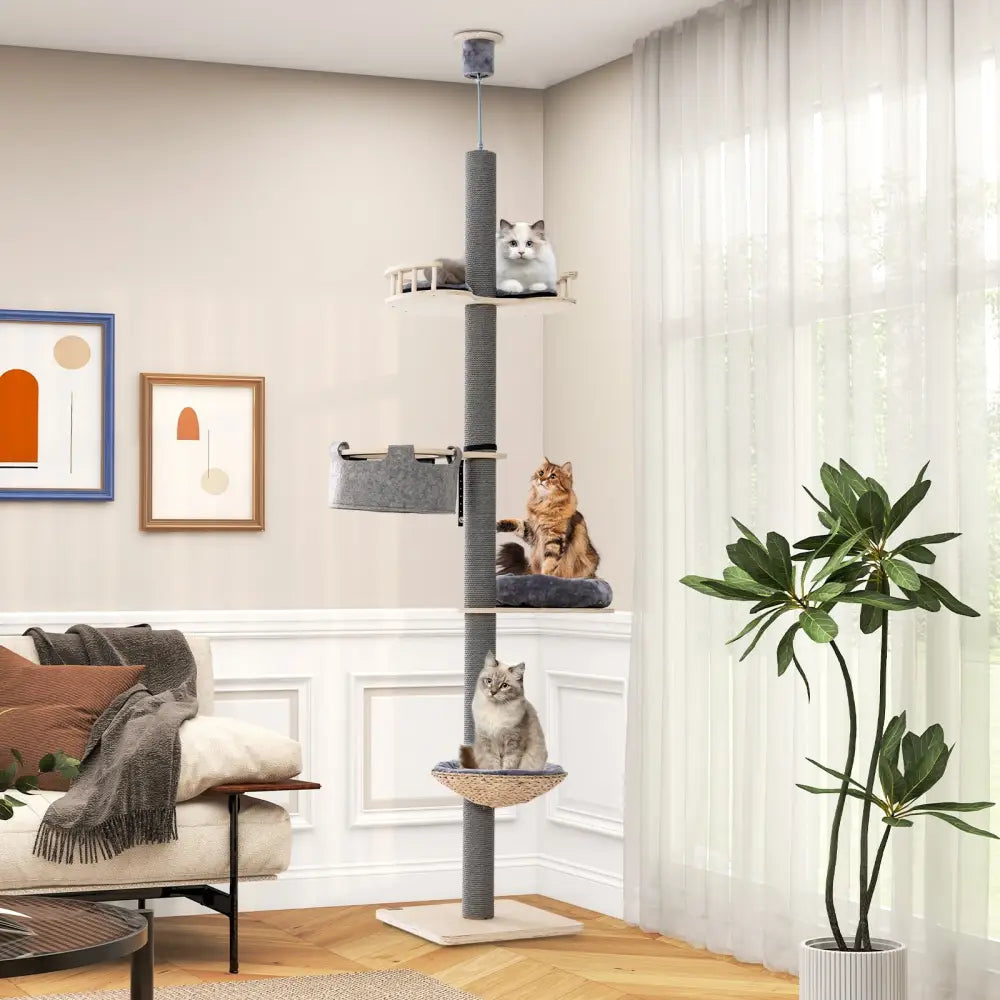 Floor to Ceiling Cat Tree with 93 Inch-107 Inch Adjustable Height-Gray - Gray - Cat Trees Condos & Scratchers