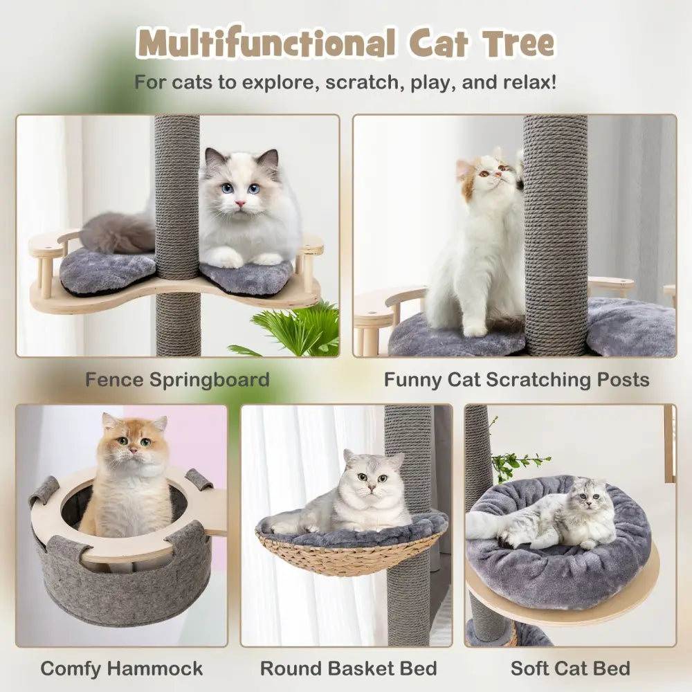 Floor to Ceiling Cat Tree with 93 Inch-107 Inch Adjustable Height-Gray - Gray - Cat Trees Condos & Scratchers