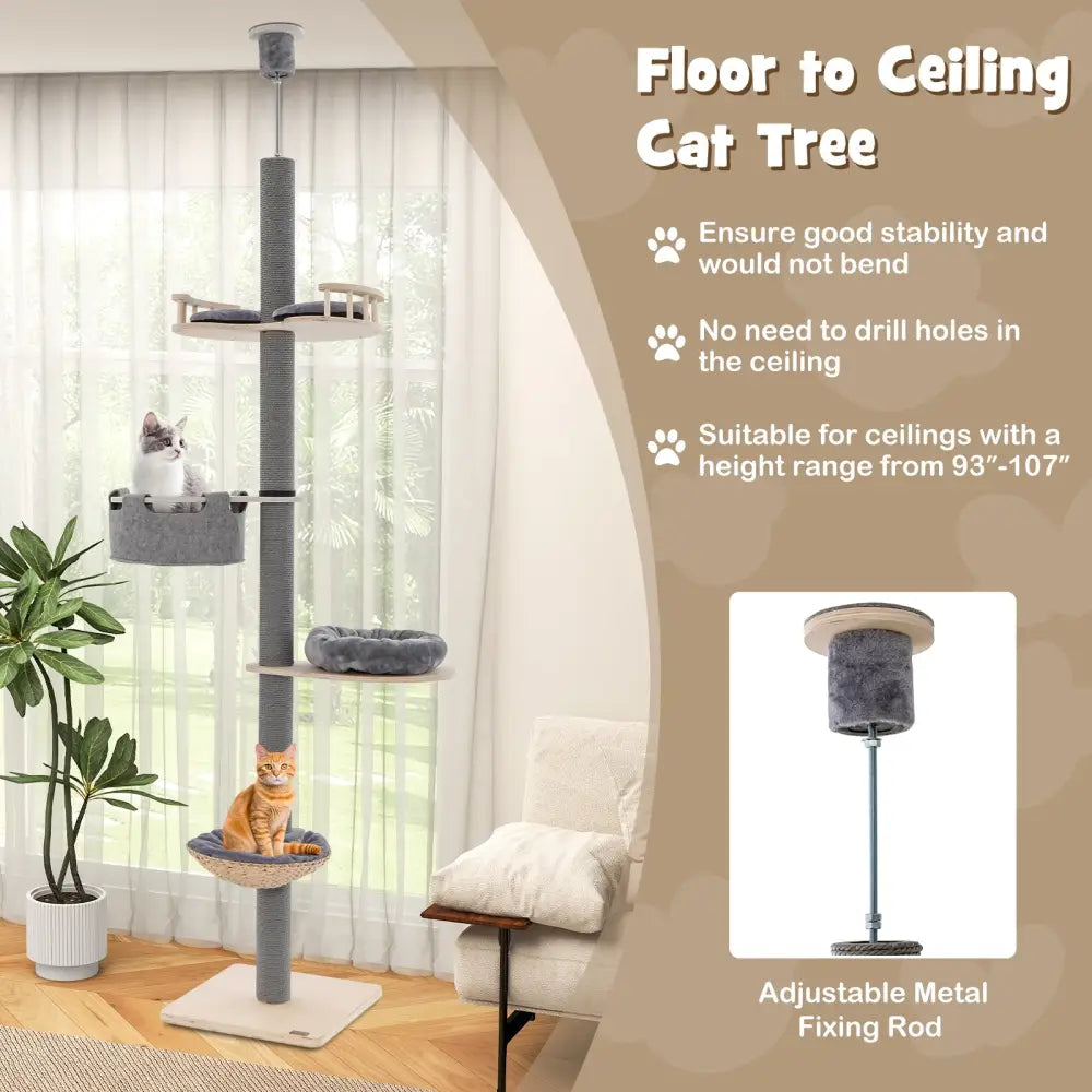 Floor to Ceiling Cat Tree with 93 Inch-107 Inch Adjustable Height-Gray - Gray - Cat Trees Condos & Scratchers