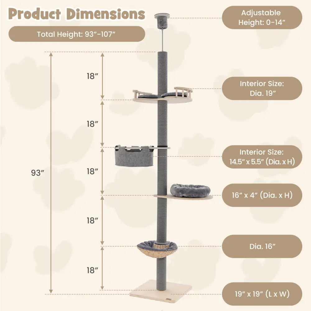 Floor to Ceiling Cat Tree with 93 Inch-107 Inch Adjustable Height-Gray - Gray - Cat Trees Condos & Scratchers
