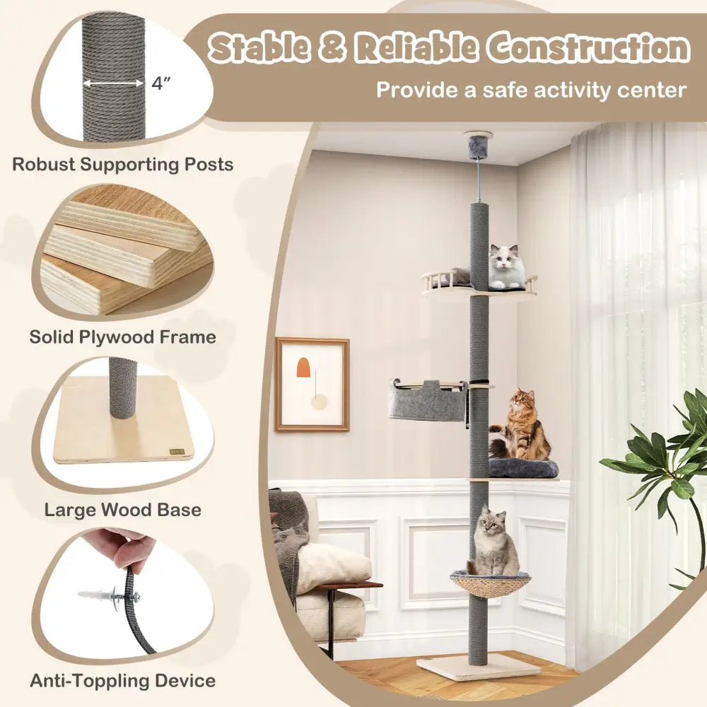 Floor to Ceiling Cat Tree with 93 Inch-107 Inch Adjustable Height-Gray - Gray - Cat Trees Condos & Scratchers