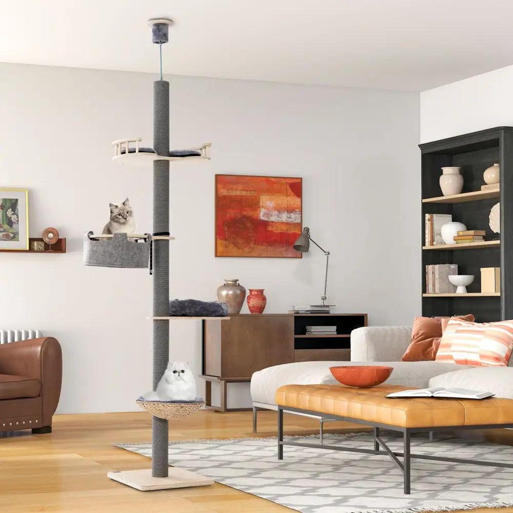 Floor to Ceiling Cat Tree with 93 Inch-107 Inch Adjustable Height-Gray - Gray - Cat Trees Condos & Scratchers