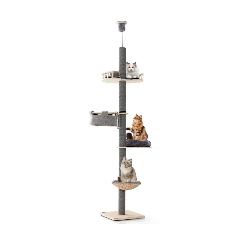 Floor to Ceiling Cat Tree with 93 Inch-107 Inch Adjustable Height-Gray - Gray - Cat Trees Condos & Scratchers