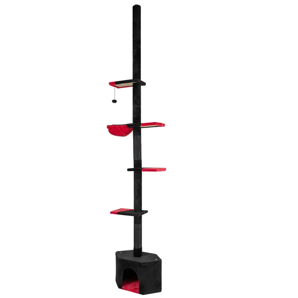 Floor to Ceiling Gothic Cat Tree 97-118 Inches Adjustable 5-Tier with Condo-Black - Black & Red - Cat Trees Condos &