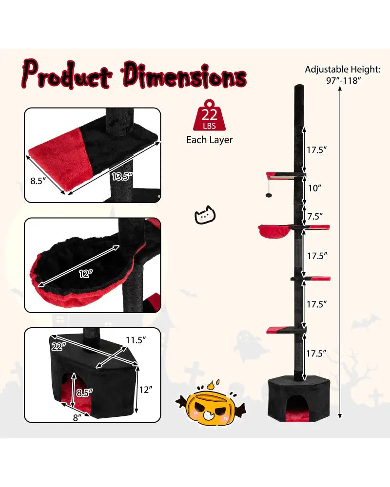 Floor to Ceiling Gothic Cat Tree 97-118 Inches Adjustable 5-Tier with Condo-Black - Black & Red - Cat Trees Condos &