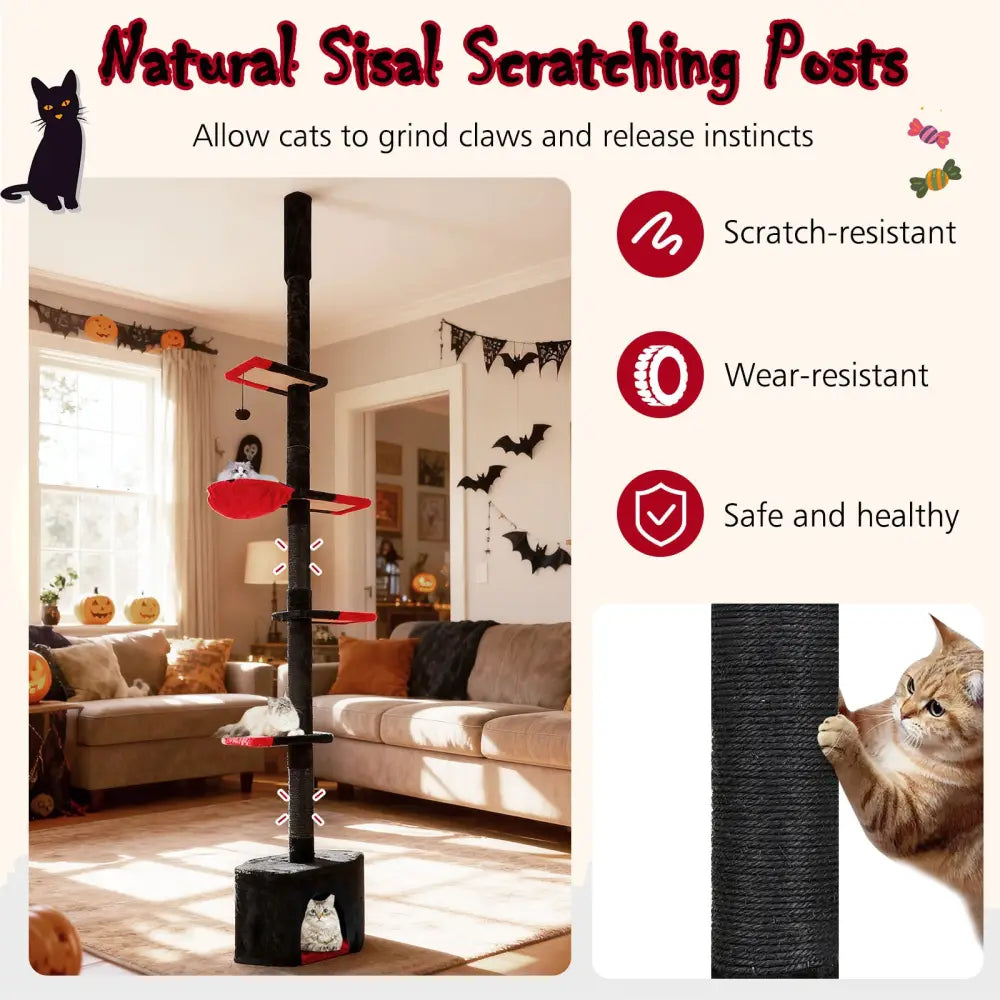 Floor to Ceiling Gothic Cat Tree 97-118 Inches Adjustable 5-Tier with Condo-Black - Black & Red - Cat Trees Condos &