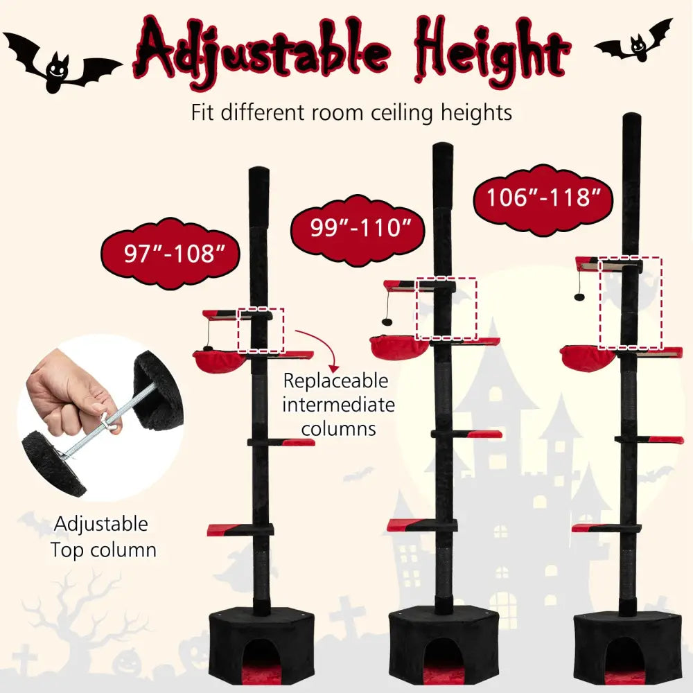Floor to Ceiling Gothic Cat Tree 97-118 Inches Adjustable 5-Tier with Condo-Black - Black & Red - Cat Trees Condos &