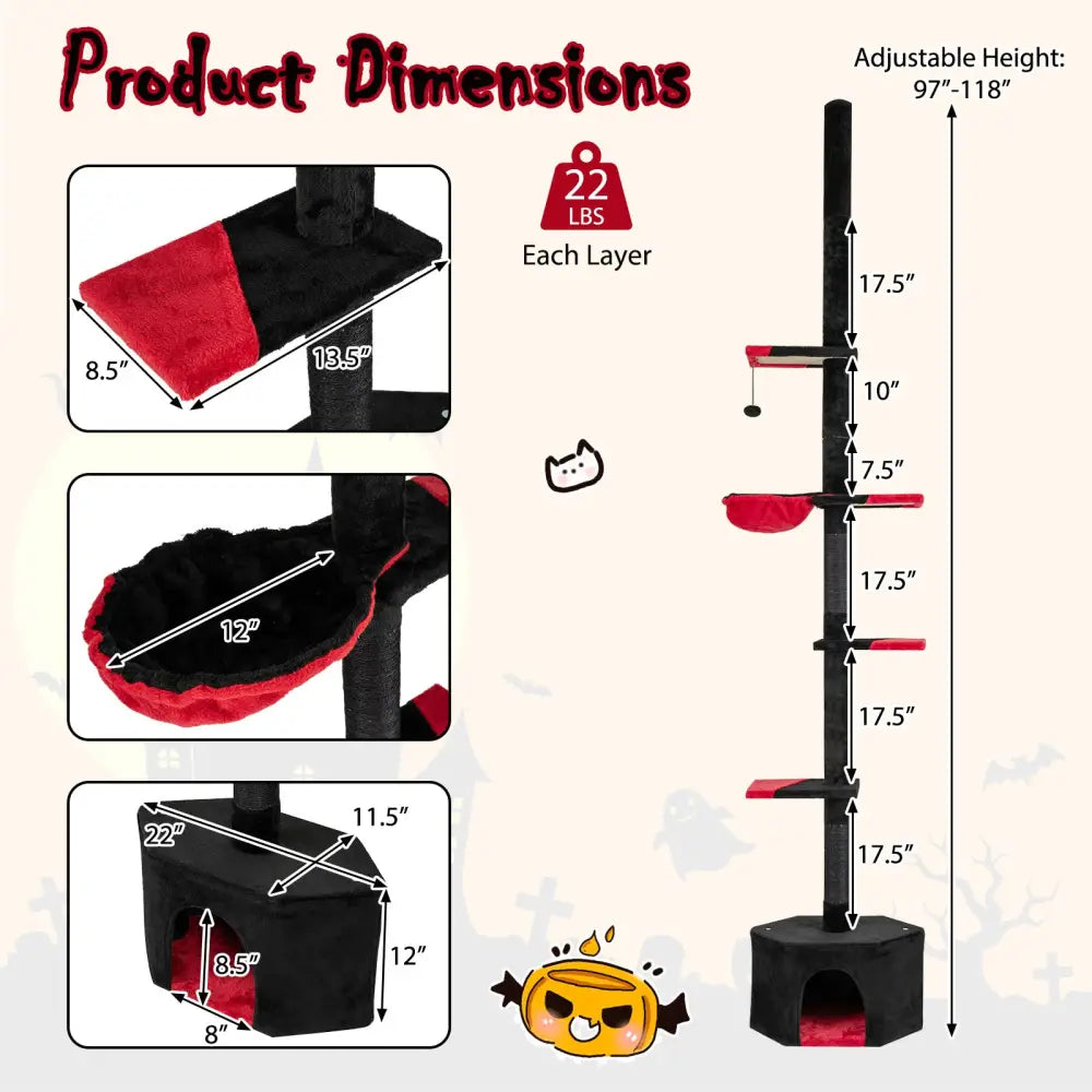 Floor to Ceiling Gothic Cat Tree 97-118 Inches Adjustable 5-Tier with Condo-Black - Black & Red - Cat Trees Condos &