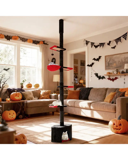 Floor to Ceiling Gothic Cat Tree 97-118 Inches Adjustable 5-Tier with Condo-Black - Black & Red - Cat Trees Condos &