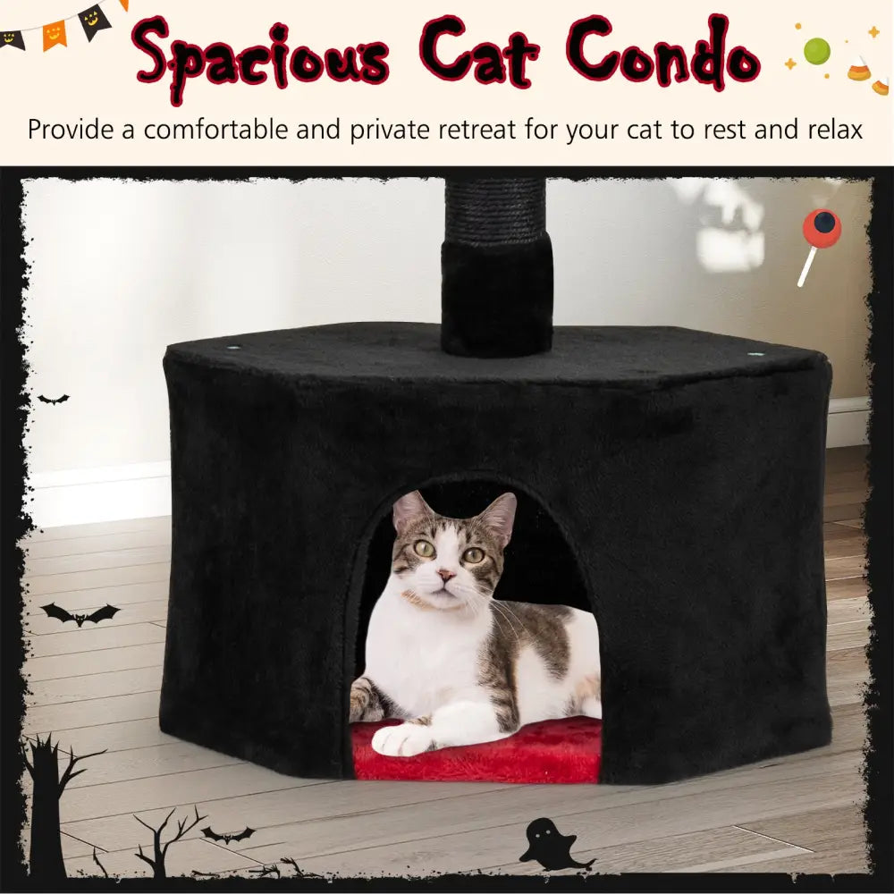 Floor to Ceiling Gothic Cat Tree 97-118 Inches Adjustable 5-Tier with Condo-Black - Black & Red - Cat Trees Condos &