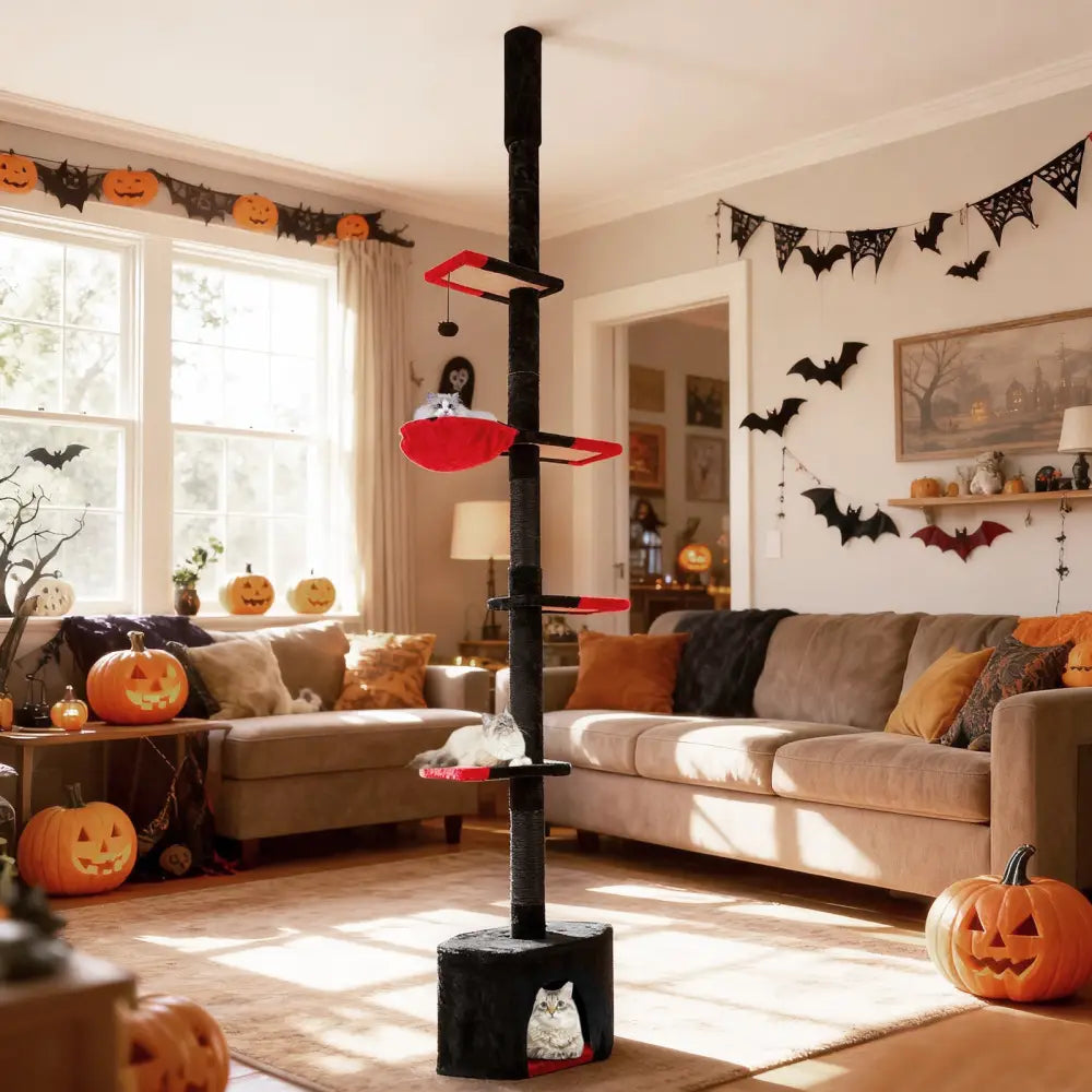 Floor to Ceiling Gothic Cat Tree 97-118 Inches Adjustable 5-Tier with Condo-Black - Black & Red - Cat Trees Condos &