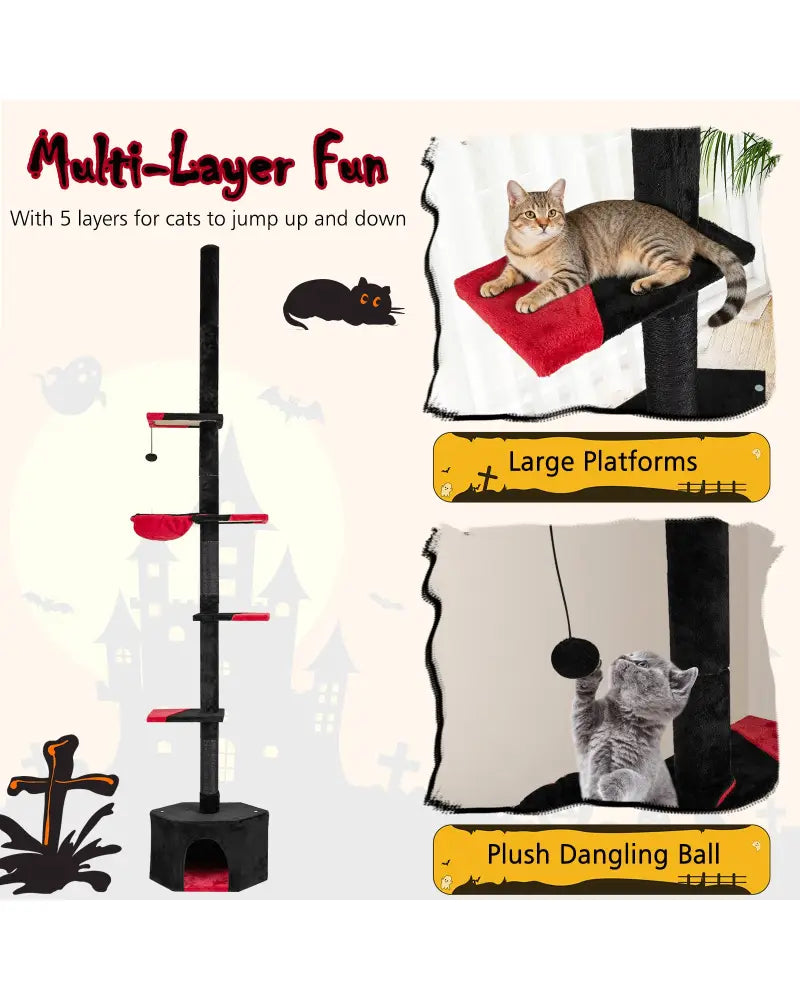 Floor to Ceiling Gothic Cat Tree 97-118 Inches Adjustable 5-Tier with Condo-Black - Black & Red - Cat Trees Condos &