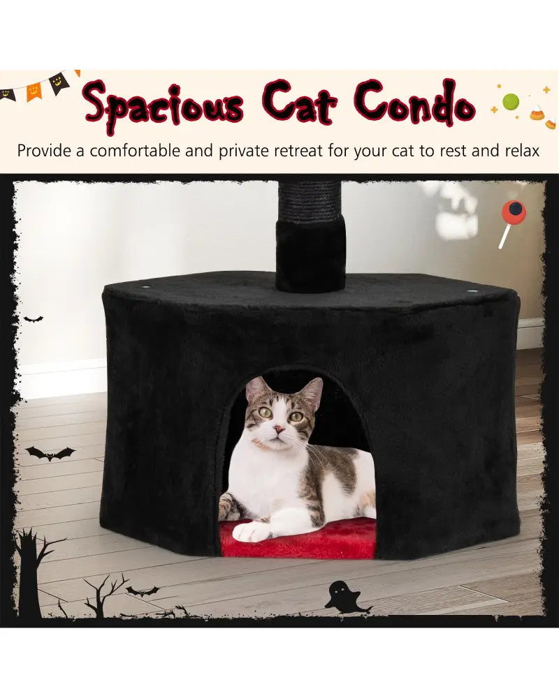 Floor to Ceiling Gothic Cat Tree 97-118 Inches Adjustable 5-Tier with Condo-Black - Black & Red - Cat Trees Condos &