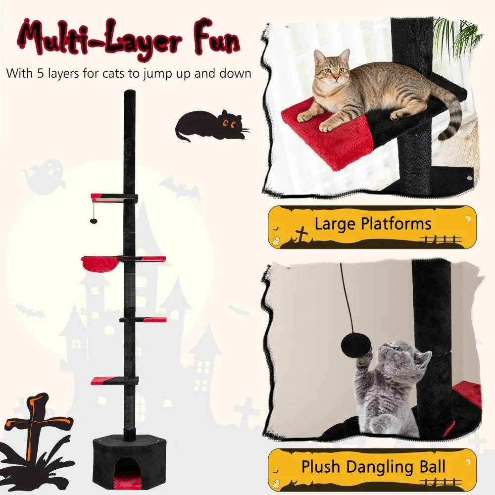 Floor to Ceiling Gothic Cat Tree 97-118 Inches Adjustable 5-Tier with Condo-Black - Black & Red - Cat Trees Condos &