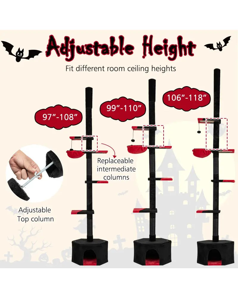 Floor to Ceiling Gothic Cat Tree 97-118 Inches Adjustable 5-Tier with Condo-Black - Black & Red - Cat Trees Condos &
