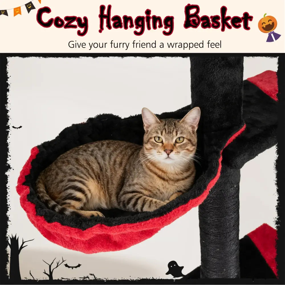 Floor to Ceiling Gothic Cat Tree 97-118 Inches Adjustable 5-Tier with Condo-Black - Black & Red - Cat Trees Condos &