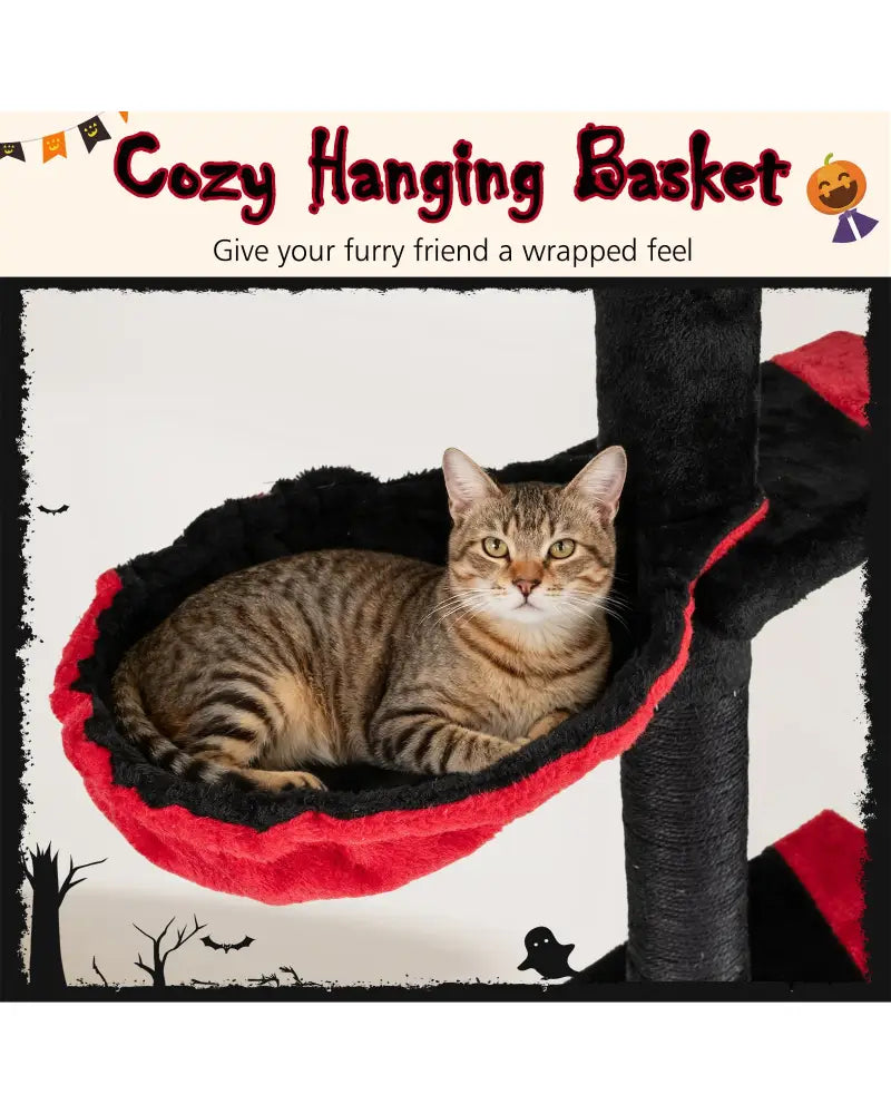 Floor to Ceiling Gothic Cat Tree 97-118 Inches Adjustable 5-Tier with Condo-Black - Black & Red - Cat Trees Condos &