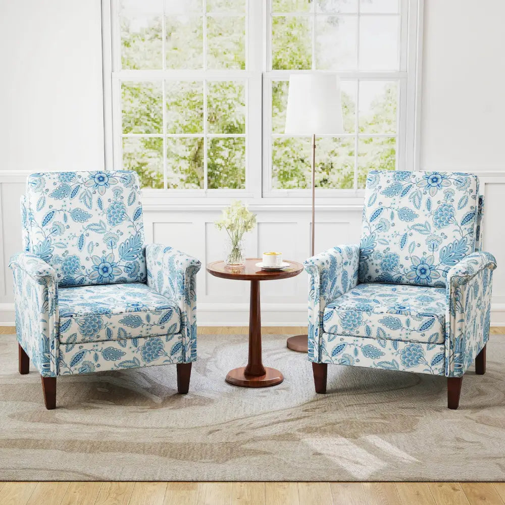 Floral Accent Chair Farmhouse Boho Armchair with Solid Wood Legs and High Back-Blue - Blue - Sofas & Loveseats