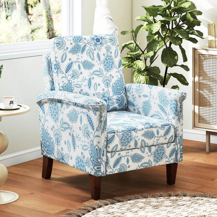 Floral Accent Chair Farmhouse Boho Armchair with Solid Wood Legs and High Back-Blue - Blue - Sofas & Loveseats