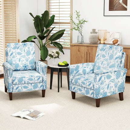 Floral Accent Chair Farmhouse Boho Armchair with Solid Wood Legs and High Back-Blue - Blue - Sofas & Loveseats