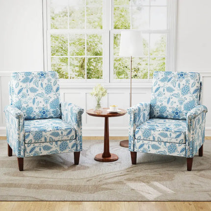 Floral Accent Chair Farmhouse Boho Armchair with Solid Wood Legs and High Back-Blue - Blue - Sofas & Loveseats
