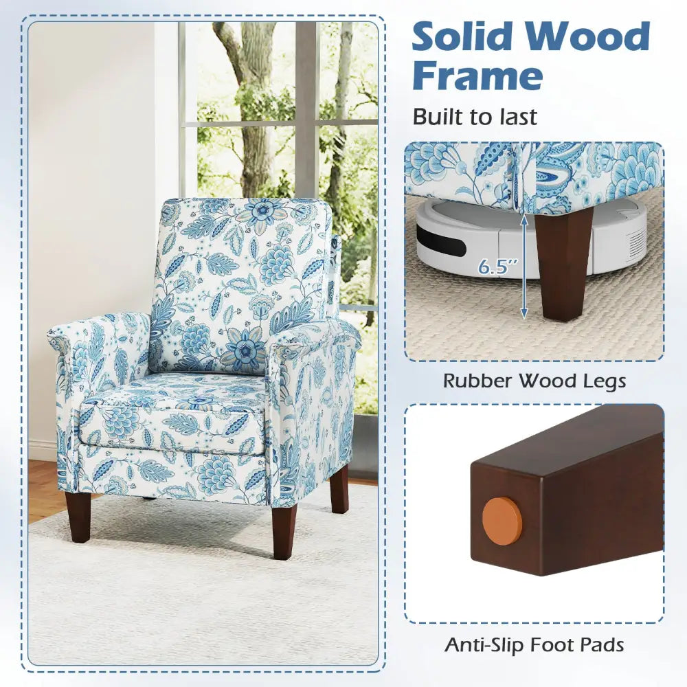 Floral Accent Chair Farmhouse Boho Armchair with Solid Wood Legs and High Back-Blue - Blue - Sofas & Loveseats