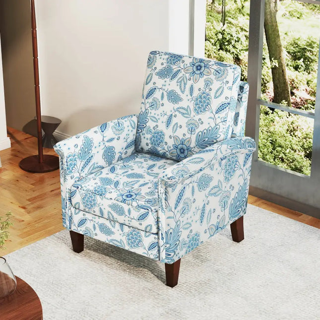 Floral Accent Chair Farmhouse Boho Armchair with Solid Wood Legs and High Back-Blue - Blue - Sofas & Loveseats