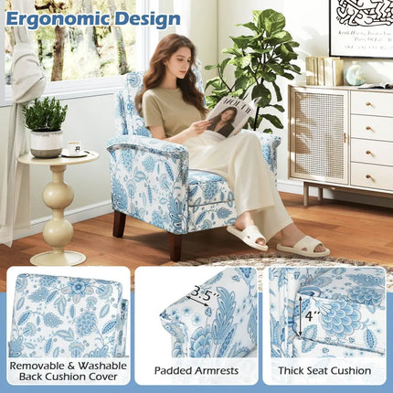 Floral Accent Chair Farmhouse Boho Armchair with Solid Wood Legs and High Back-Blue - Blue - Sofas & Loveseats