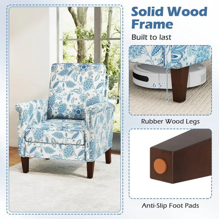 Floral Accent Chair Farmhouse Boho Armchair with Solid Wood Legs and High Back-Blue - Blue - Sofas & Loveseats