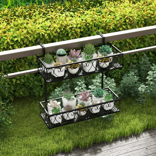 Flower Pot Holder with Adjustable Hooks and 2 Planter Baskets - Black - Plant Stands