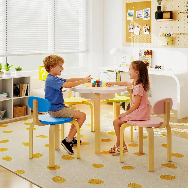 Flower-shaped Children Table Set Wooden Play and Activity Table with 2 Colorful Chairs and Stools-Multicolor