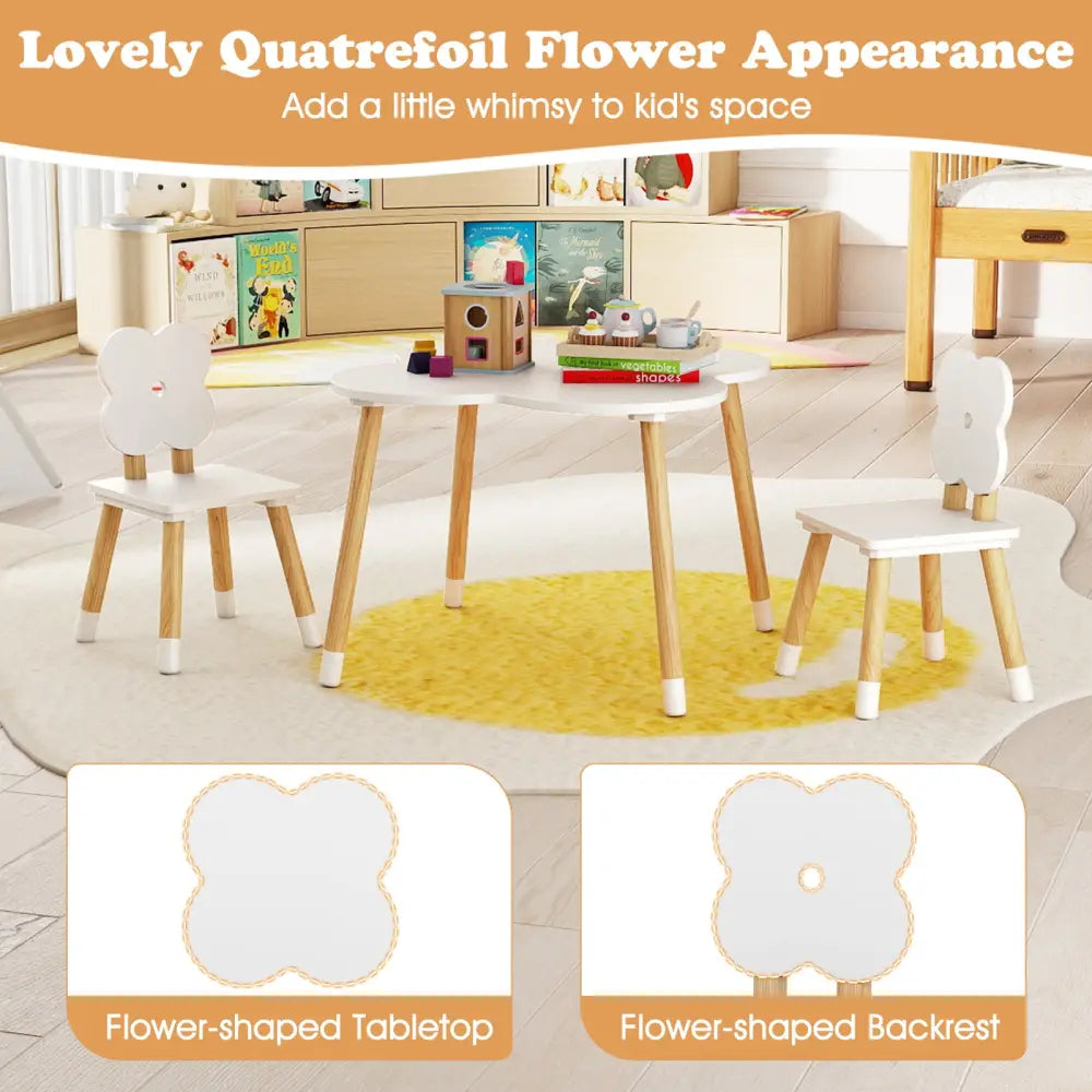 Flower-shaped Kids Table Set with Solid Pine Wood Legs-White - White - Kids Table & Chair Sets