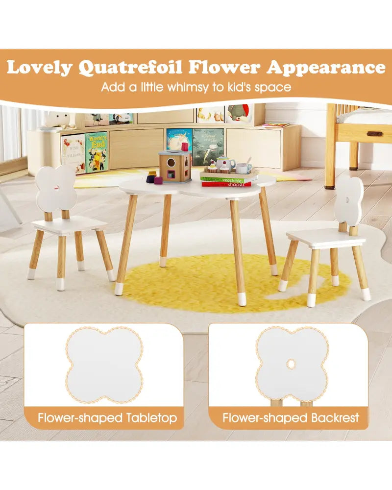 Flower-shaped Kids Table Set with Solid Pine Wood Legs-White - White - Kids Table & Chair Sets