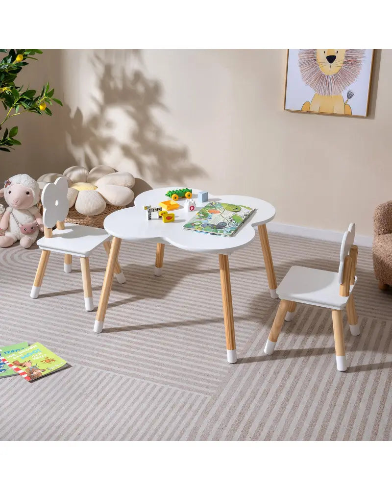 Flower-shaped Kids Table Set with Solid Pine Wood Legs-White - White - Kids Table & Chair Sets
