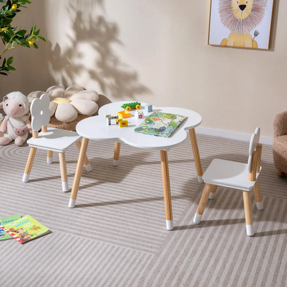 Flower-shaped Kids Table Set with Solid Pine Wood Legs-White - White - Kids Table & Chair Sets