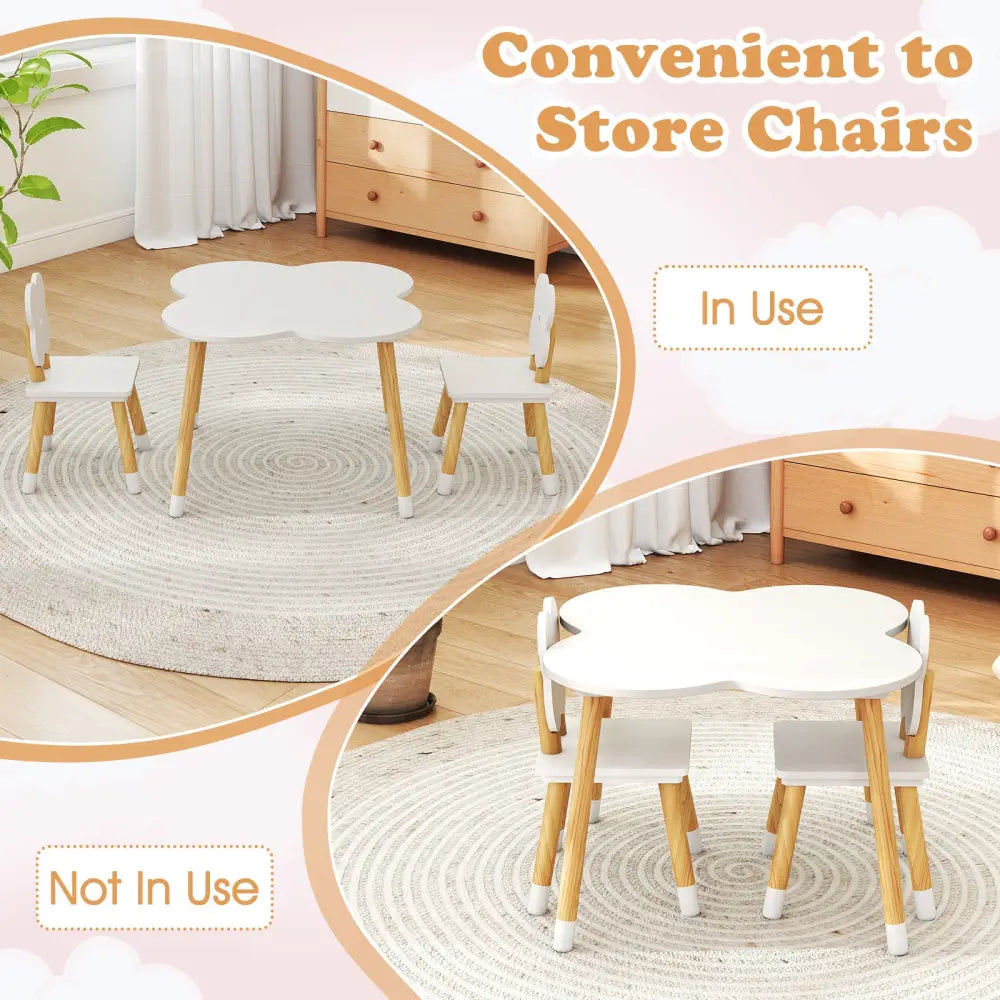 Flower-shaped Kids Table Set with Solid Pine Wood Legs-White - White - Kids Table & Chair Sets