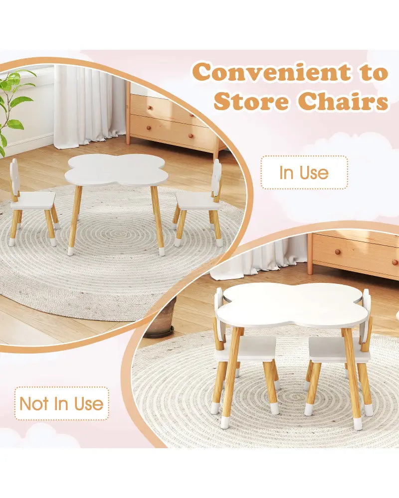 Flower-shaped Kids Table Set with Solid Pine Wood Legs-White - White - Kids Table & Chair Sets